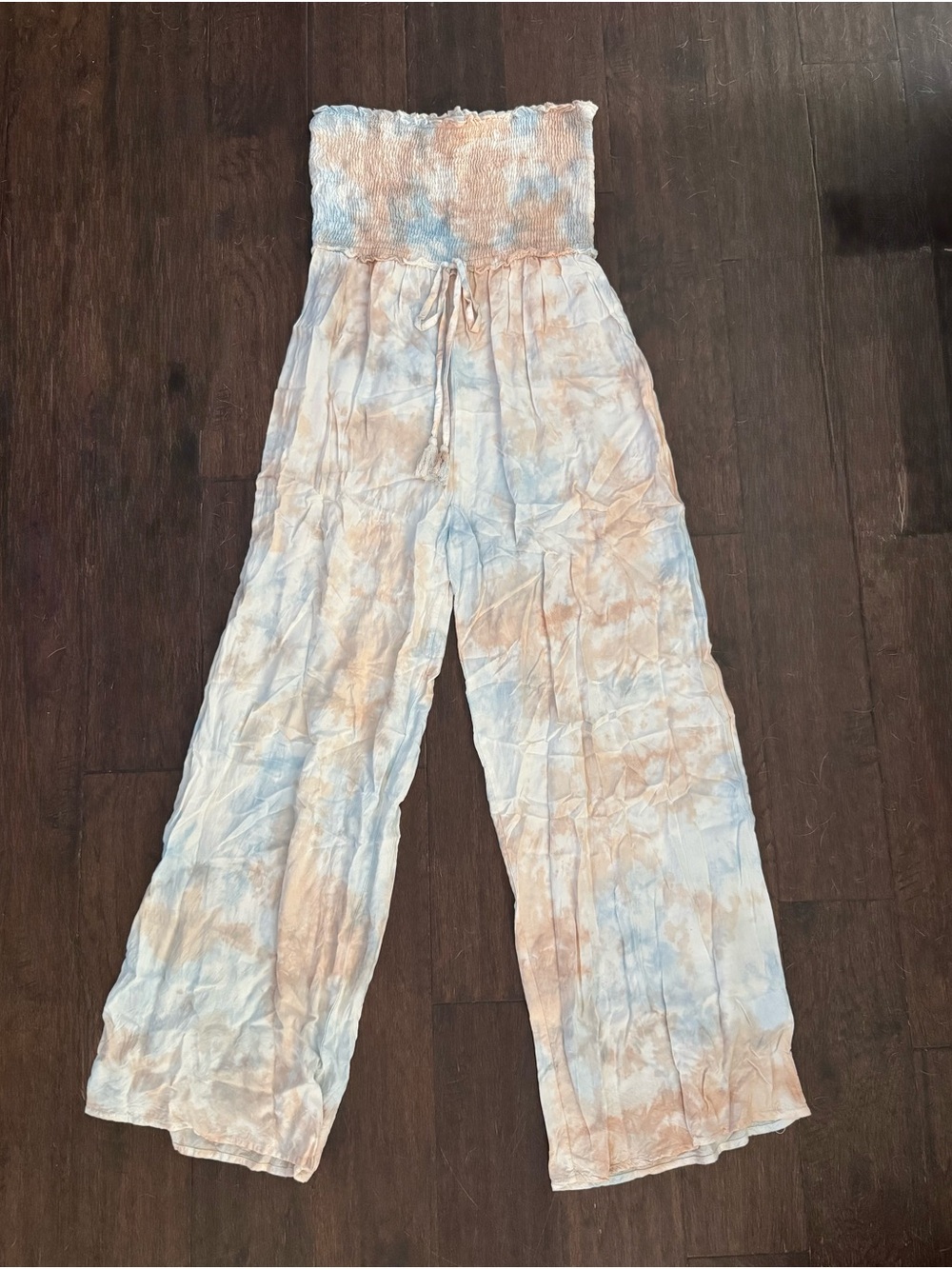 Smocked Wide-Leg Jumpsuit in Blue & Tan Tie-Dye